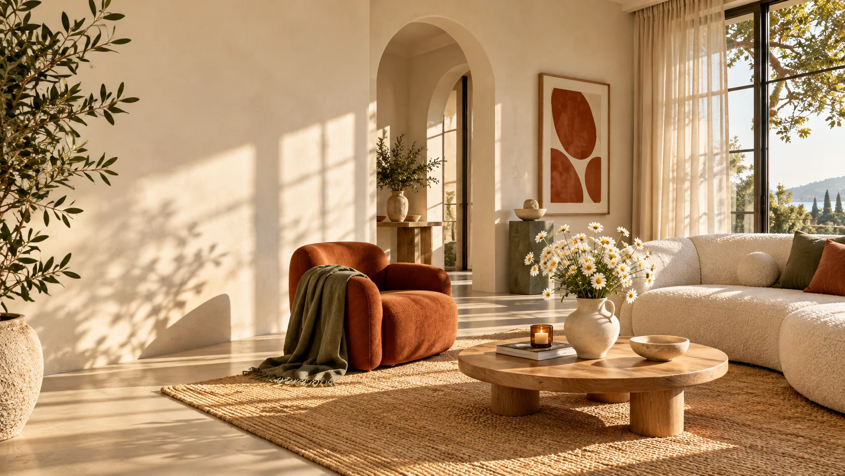 Phòng khách với ghế đất nung, sofa kem và bình hoa cúc trong nắng chiều